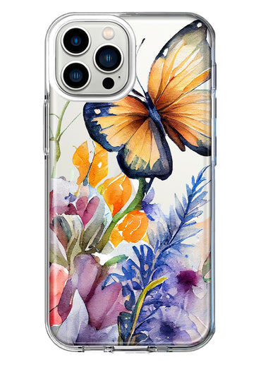 Apple iPhone 13 Pro Max Spring Summer Flowers Butterfly Purple Blue Lilac Floral Hybrid Protective Phone Case Cover