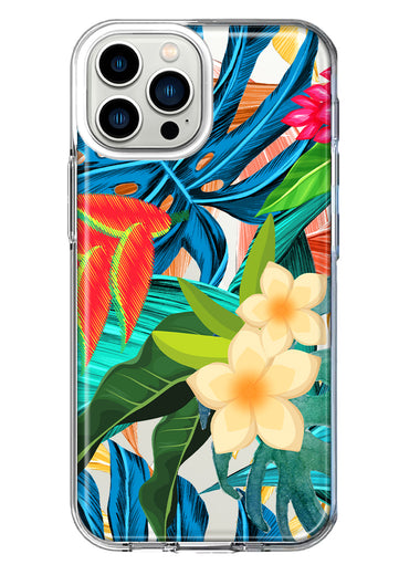 Apple iPhone 13 Pro Max Blue Monstera Pothos Tropical Floral Summer Flowers Hybrid Protective Phone Case Cover