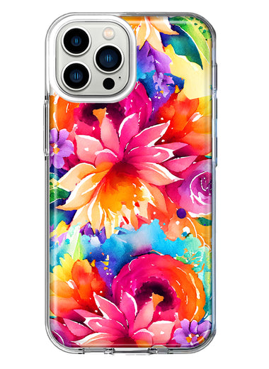 Apple iPhone 13 Pro Max Watercolor Paint Summer Rainbow Flowers Bouquet Bloom Floral Hybrid Protective Phone Case Cover