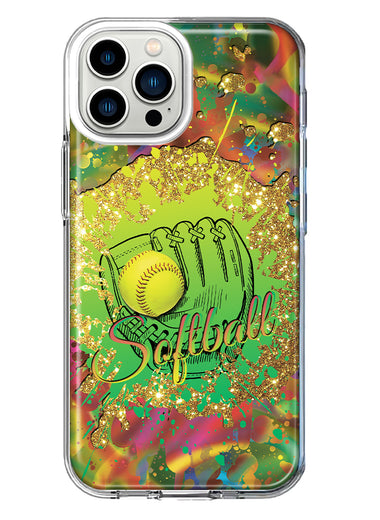 Apple iPhone 13 Pro Max Love Softball Girls Glove Green Tie Dye Swirl Paint Hybrid Protective Phone Case Cover