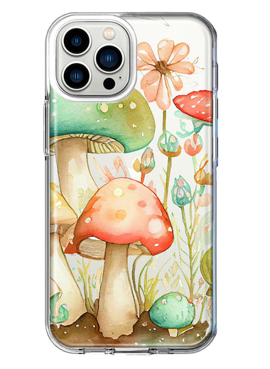 Apple iPhone 13 Pro Max Fairytale Watercolor Mushrooms Pastel Spring Flowers Floral Hybrid Protective Phone Case Cover