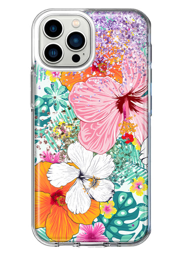 Apple iPhone 13 Pro Max Hawaiian Vibes Hibiscus Flowers Monstera Vacation Summer Hybrid Protective Phone Case Cover