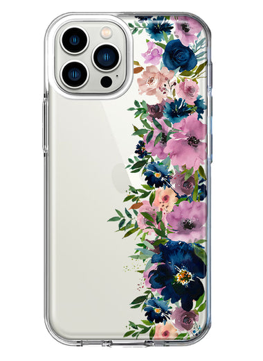 Apple iPhone 13 Pro Max Navy Blue Summer Watercolor Floral Classic Purple Flowers Hybrid Protective Phone Case Cover