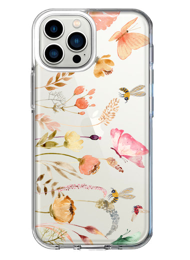 Apple iPhone 13 Pro Max Peach Meadow Wildflowers Butterflies Bees Watercolor Floral Hybrid Protective Phone Case Cover