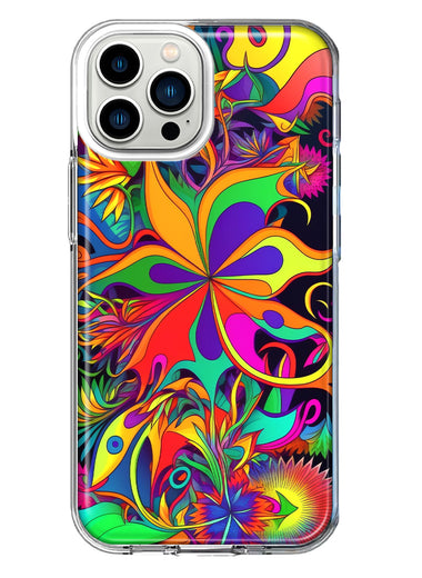 Apple iPhone 13 Pro Max Neon Rainbow Psychedelic Hippie Wild Flowers Hybrid Protective Phone Case Cover