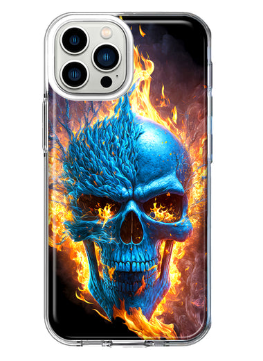 Apple iPhone 13 Pro Max Blue Flaming Skull Burning Fire Double Layer Phone Case Cover
