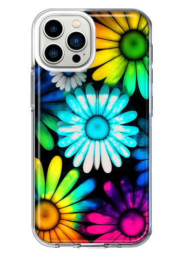 Apple iPhone 13 Pro Max Neon Rainbow Daisy Glow Colorful Daisies Baby Blue Pink Yellow White Double Layer Phone Case Cover