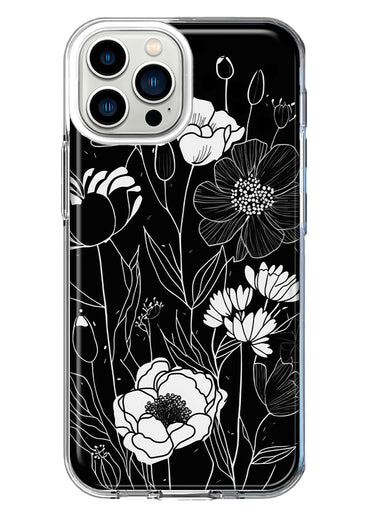 Apple iPhone 13 Pro Max Line Drawing Art White Floral Flowers Hybrid Protective Phone Case Cover