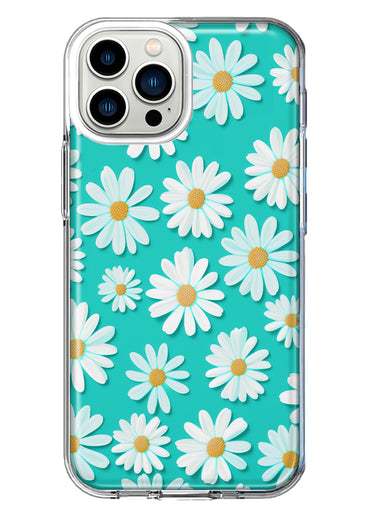 Apple iPhone 13 Pro Max Turquoise Teal White Daisies Cute Daisy Polka Dots Double Layer Phone Case Cover