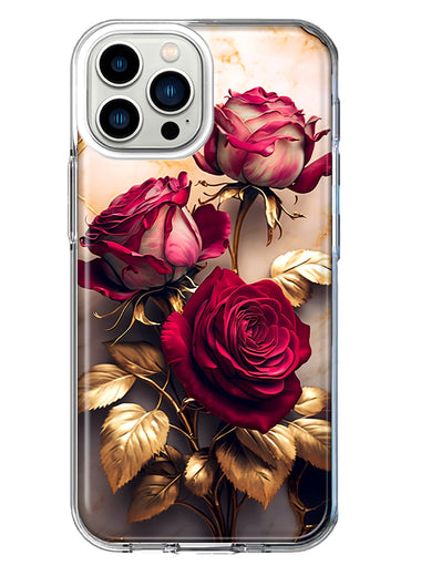 Apple iPhone 13 Pro Max Romantic Elegant Gold Marble Red Roses Double Layer Phone Case Cover