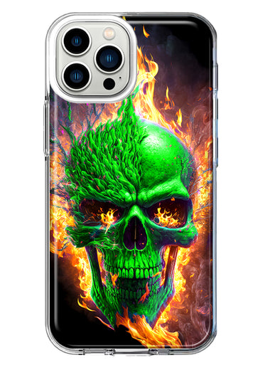 Apple iPhone 13 Pro Max Green Flaming Skull Burning Fire Double Layer Phone Case Cover