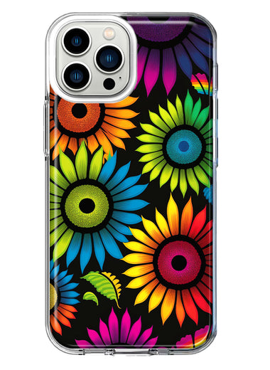 Apple iPhone 13 Pro Max Neon Rainbow Glow Sunflowers Colorful Floral Pink Purple Double Layer Phone Case Cover