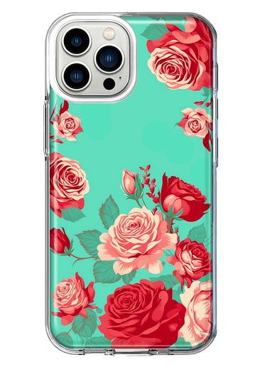 Apple iPhone 13 Pro Max Turquoise Teal Vintage Pastel Pink Red Roses Double Layer Phone Case Cover