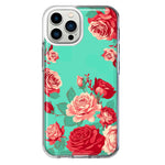 Apple iPhone 13 Pro Max Turquoise Teal Vintage Pastel Pink Red Roses Double Layer Phone Case Cover