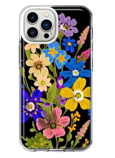 Apple iPhone 13 Pro Max Blue Yellow Vintage Spring Wild Flowers Floral Hybrid Protective Phone Case Cover