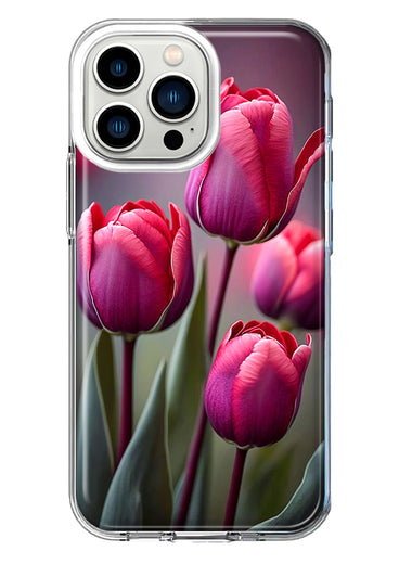 Apple iPhone 13 Pro Pink Tulip Flowers Floral Hybrid Protective Phone Case Cover