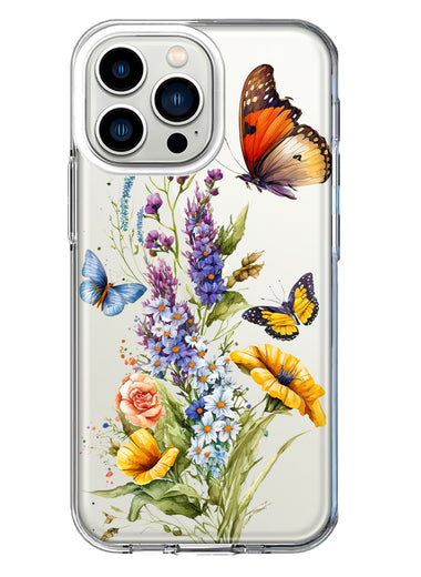 Apple iPhone 13 Pro Yellow Purple Spring Flowers Butterflies Floral Hybrid Protective Phone Case Cover