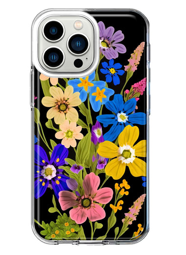 Apple iPhone 13 Pro Blue Yellow Vintage Spring Wild Flowers Floral Hybrid Protective Phone Case Cover