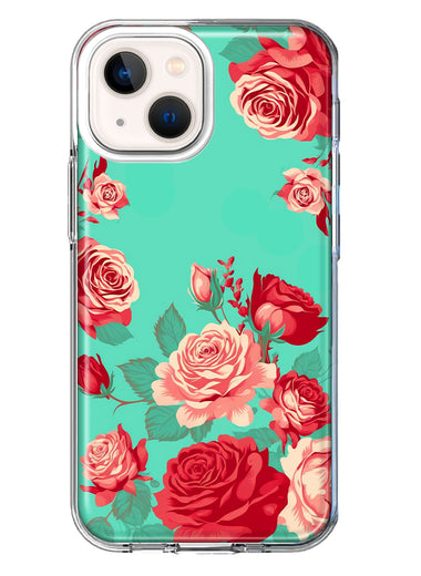 Apple iPhone 13 Turquoise Teal Vintage Pastel Pink Red Roses Double Layer Phone Case Cover
