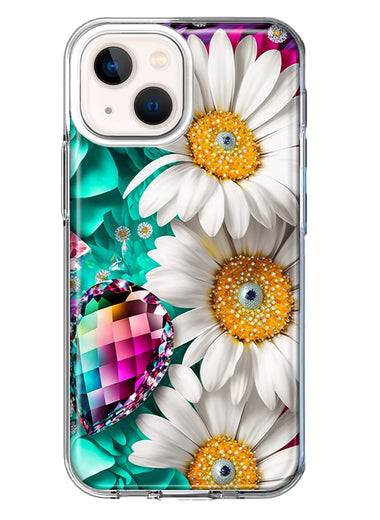 Apple iPhone 13 Colorful Crystal White Daisies Rainbow Gems Teal Double Layer Phone Case Cover