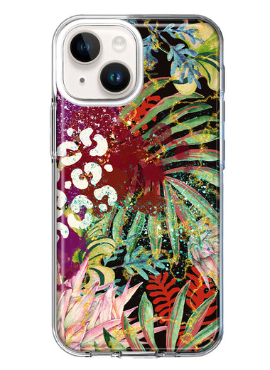 Apple iPhone 15 Plus Leopard Tropical Flowers Vacation Dreams Hibiscus Floral Hybrid Protective Phone Case Cover