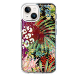 Apple iPhone 15 Plus Leopard Tropical Flowers Vacation Dreams Hibiscus Floral Hybrid Protective Phone Case Cover