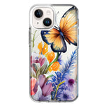 Apple iPhone 14 Spring Summer Flowers Butterfly Purple Blue Lilac Floral Hybrid Protective Phone Case Cover
