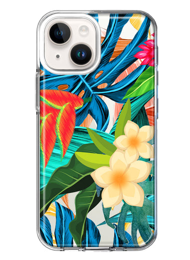 Apple iPhone 15 Plus Blue Monstera Pothos Tropical Floral Summer Flowers Hybrid Protective Phone Case Cover