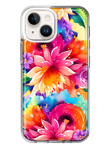 Apple iPhone 15 Plus Watercolor Paint Summer Rainbow Flowers Bouquet Bloom Floral Hybrid Protective Phone Case Cover