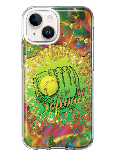 Apple iPhone 15 Plus Love Softball Girls Glove Green Tie Dye Swirl Paint Hybrid Protective Phone Case Cover