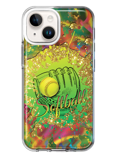 Apple iPhone 14 Plus Love Softball Girls Glove Green Tie Dye Swirl Paint Hybrid Protective Phone Case Cover