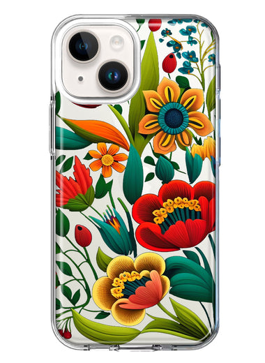 Apple iPhone 15 Plus Colorful Red Orange Folk Style Floral Vibrant Spring Flowers Hybrid Protective Phone Case Cover