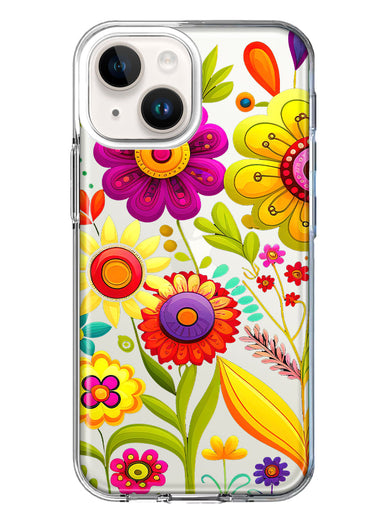 Apple iPhone 15 Plus Colorful Yellow Pink Folk Style Floral Vibrant Spring Flowers Hybrid Protective Phone Case Cover