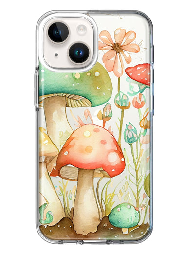 Apple iPhone 15 Plus Fairytale Watercolor Mushrooms Pastel Spring Flowers Floral Hybrid Protective Phone Case Cover