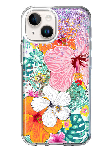 Apple iPhone 14 Hawaiian Vibes Hibiscus Flowers Monstera Vacation Summer Hybrid Protective Phone Case Cover