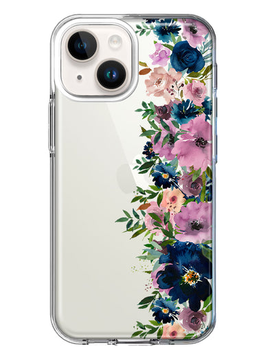 Apple iPhone 14 Plus Navy Blue Summer Watercolor Floral Classic Purple Flowers Hybrid Protective Phone Case Cover