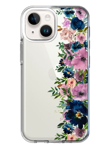 Apple iPhone 15 Plus Navy Blue Summer Watercolor Floral Classic Purple Flowers Hybrid Protective Phone Case Cover