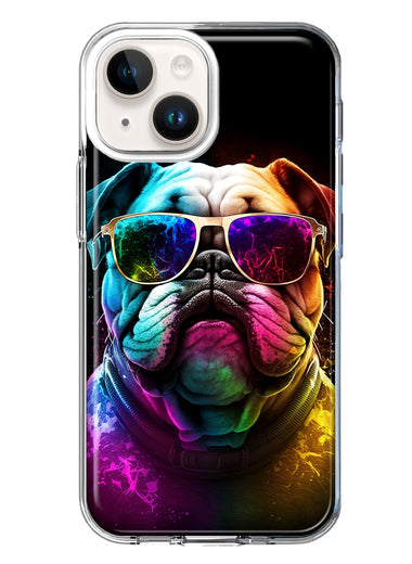 Apple iPhone 14 Plus Neon Rainbow Glow Bulldog Hybrid Protective Phone Case Cover