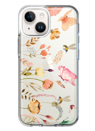 Apple iPhone 15 Plus Peach Meadow Wildflowers Butterflies Bees Watercolor Floral Hybrid Protective Phone Case Cover
