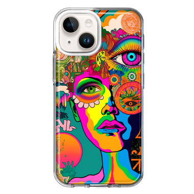 Apple iPhone 15 Neon Rainbow Psychedelic Hippie One Eye Pop Art Hybrid Protective Phone Case Cover