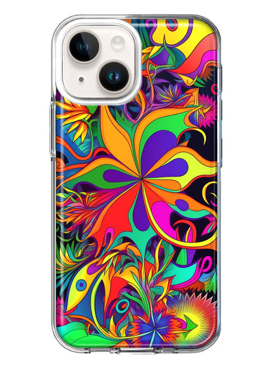 Apple iPhone 14 Plus Neon Rainbow Psychedelic Hippie Wild Flowers Hybrid Protective Phone Case Cover