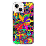 Apple iPhone 15 Plus Neon Rainbow Psychedelic Hippie Wild Flowers Hybrid Protective Phone Case Cover