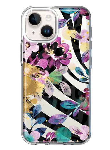 Apple iPhone 15 Plus Zebra Stripes Tropical Flowers Purple Blue Summer Vibes Hybrid Protective Phone Case Cover