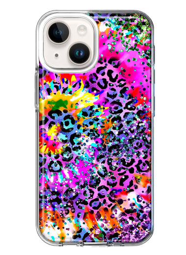 Apple iPhone 15 Plus Vibrant Pink Purple Tie Dye Summer Leopard Swirl Rainbow Hybrid Protective Phone Case Cover
