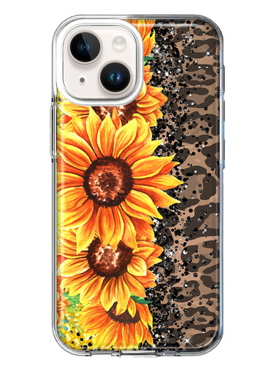 Apple iPhone 14 Yellow Summer Sunflowers Brown Leopard Honeycomb Hybrid Protective Phone Case Cover