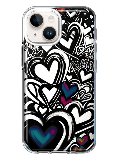 Apple iPhone 14 Black White Hearts Love Graffiti Hybrid Protective Phone Case Cover