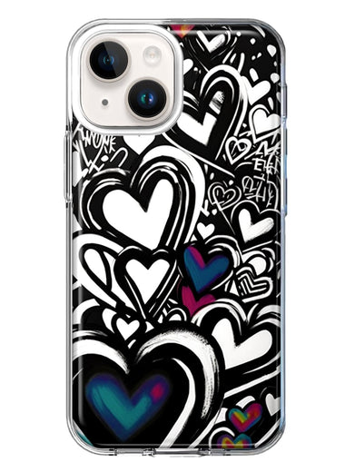 Apple iPhone 14 Plus Black White Hearts Love Graffiti Hybrid Protective Phone Case Cover