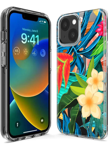 Apple iPhone 15 Plus Blue Monstera Pothos Tropical Floral Summer Flowers Hybrid Protective Phone Case Cover