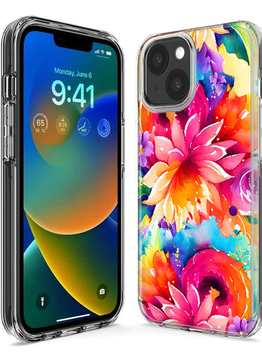 Apple iPhone 15 Plus Watercolor Paint Summer Rainbow Flowers Bouquet Bloom Floral Hybrid Protective Phone Case Cover