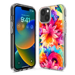 Apple iPhone 15 Plus Watercolor Paint Summer Rainbow Flowers Bouquet Bloom Floral Hybrid Protective Phone Case Cover